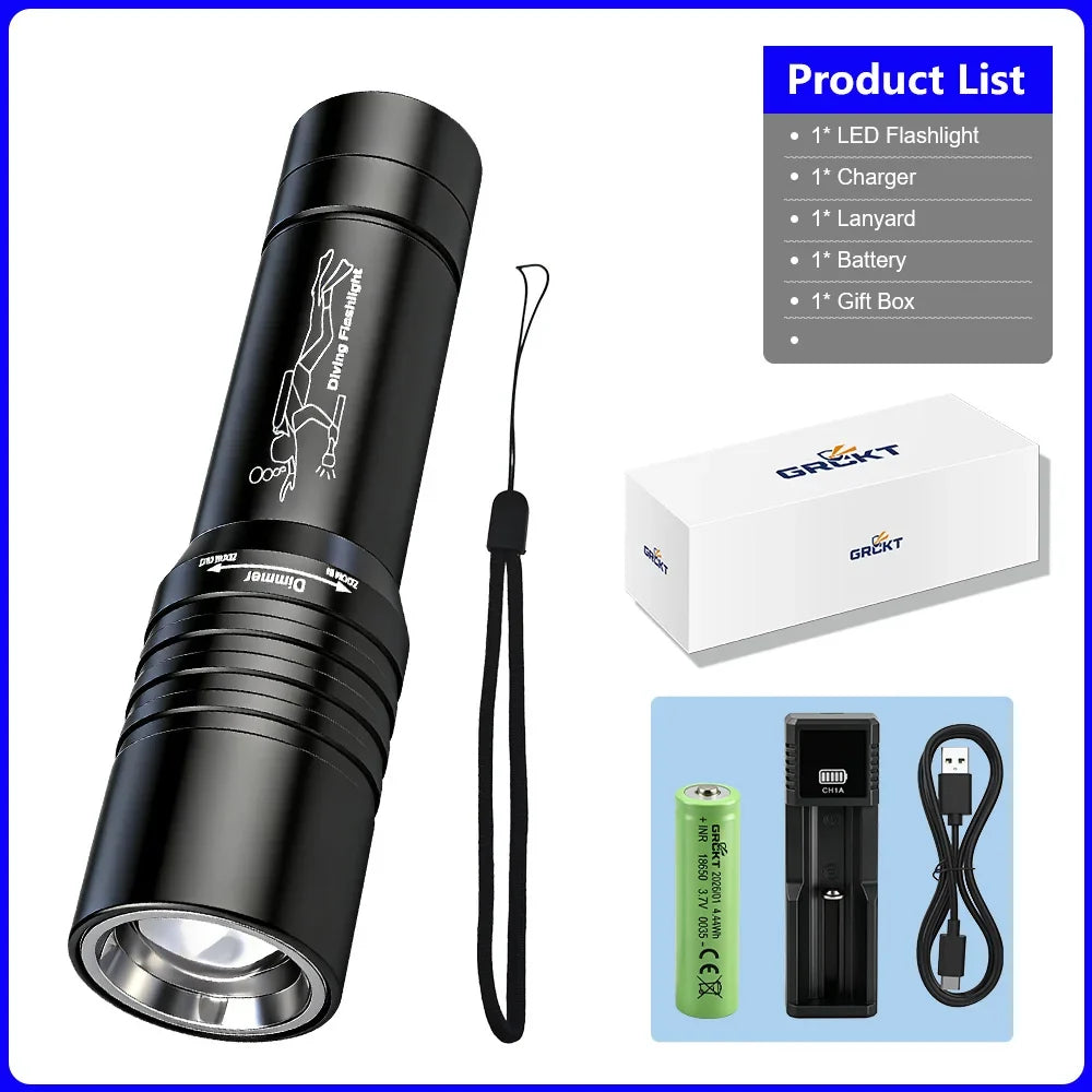 20000LM Scuba Diving Flashlight ZOOM Diving Light Underwater High Power Torch Light Waterproof for Video Shooting Fishing