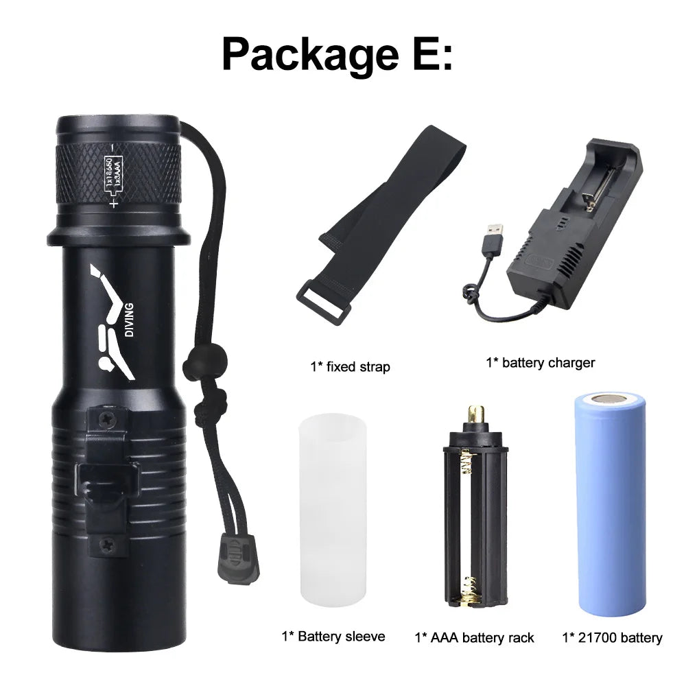 Professional LED Diving Flashlight Underwater Torch Strong Light Waterproof Scuba Dive Flashlight With Hand Rope
