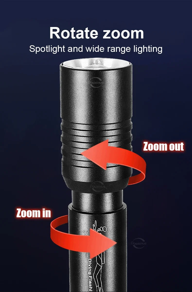 High Power Mini Diving Flashlight 100M Professional Scuba Dive Torch IPX8 Rechargeable Portable Lantern for Spearfishing Camping