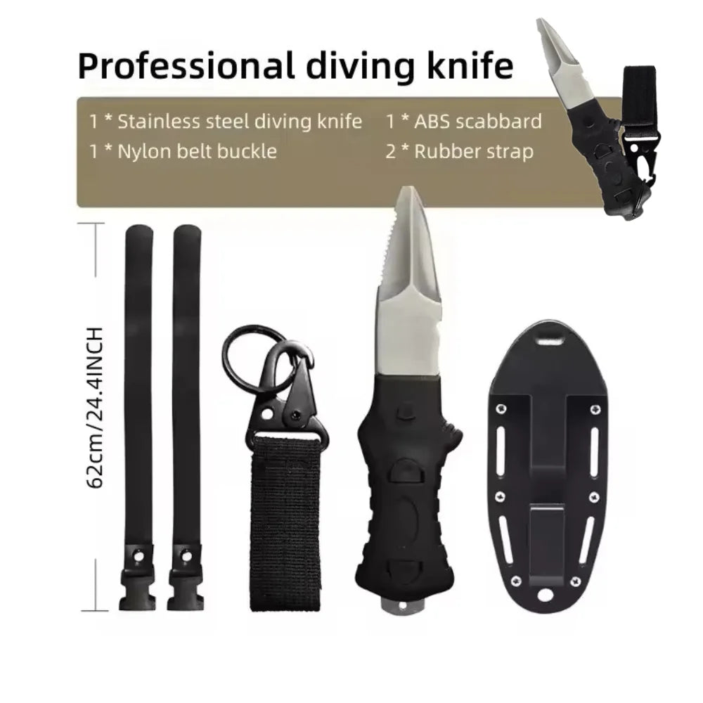 Professional Diving Knife for Spearfishing, Full Tang Stainless Steel Dive Tool with Rope Cutter