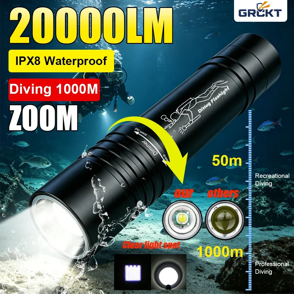 20000LM Scuba Diving Flashlight ZOOM Diving Light Underwater High Power Torch Light Waterproof for Video Shooting Fishing