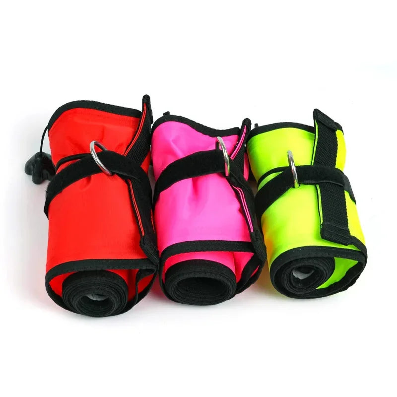 Colorful inflatable Diving SMB buoy in orange and fluorescent yellow for scuba diving safety and visibility, available in 1.2m, 1.5m, and 1.8m sizes.