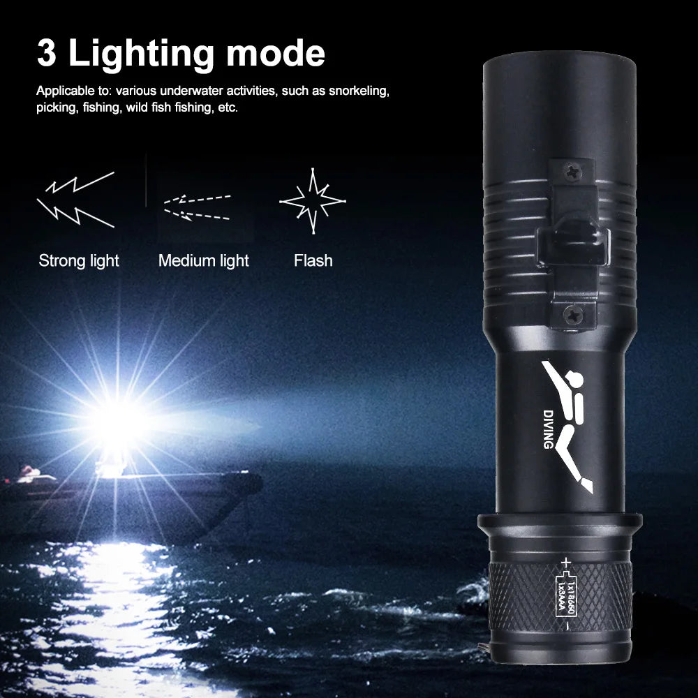 Professional LED Diving Flashlight Underwater Torch Strong Light Waterproof Scuba Dive Flashlight With Hand Rope