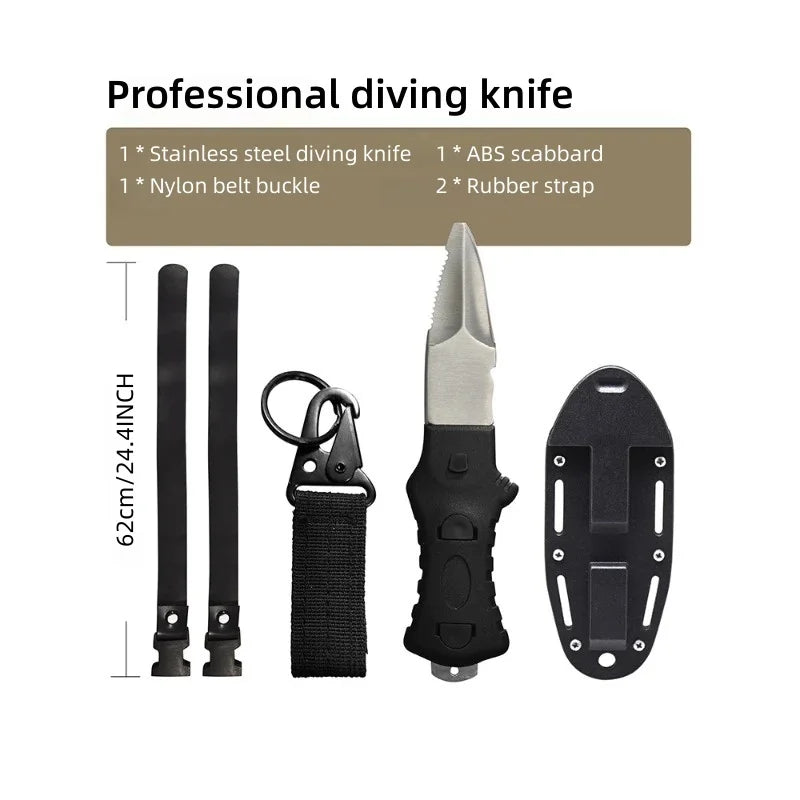 Professional Diving Knife for Spearfishing, Full Tang Stainless Steel Dive Tool with Rope Cutter