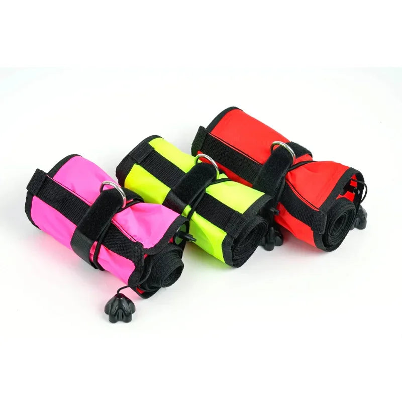 Colorful inflatable diving SMB buoy in orange, fluorescent yellow, and phosphor for scuba diving safety and visibility, sizes 1.2m, 1.5m, and 1.8m.