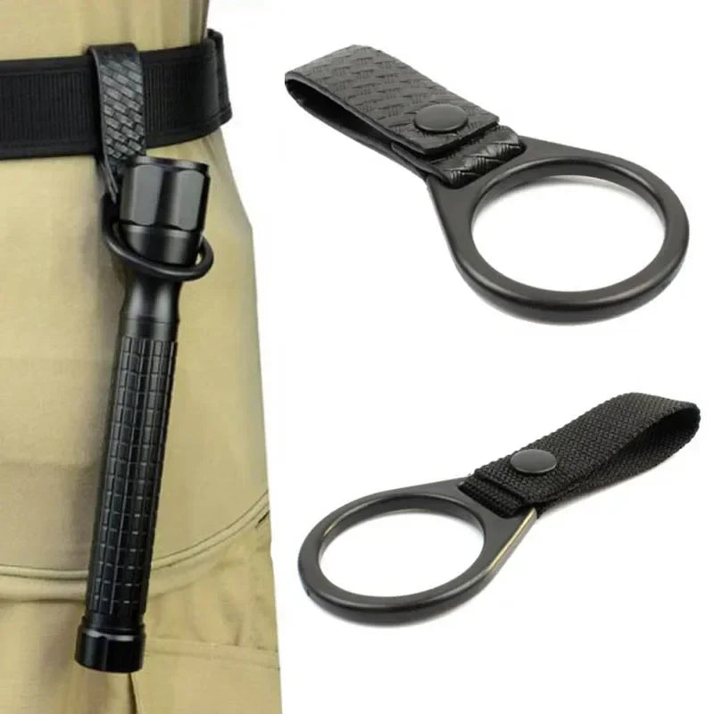 Black tactical flashlight holder pouch with molle attachment clip for outdoor and camping use