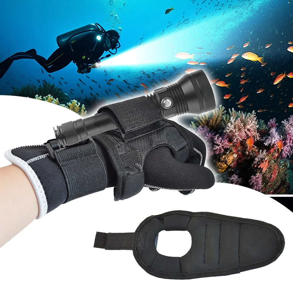 Black neoprene scuba diving flashlight sleeve with adjustable wrist strap and thumb groove