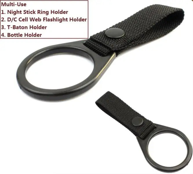 Black tactical flashlight holder pouch with nylon webbing and snap belt loop for outdoor use