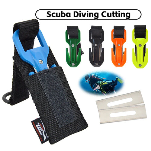 Scuba diving cutting knife with nylon handle and replaceable stainless steel blades for underwater safety and emergency use