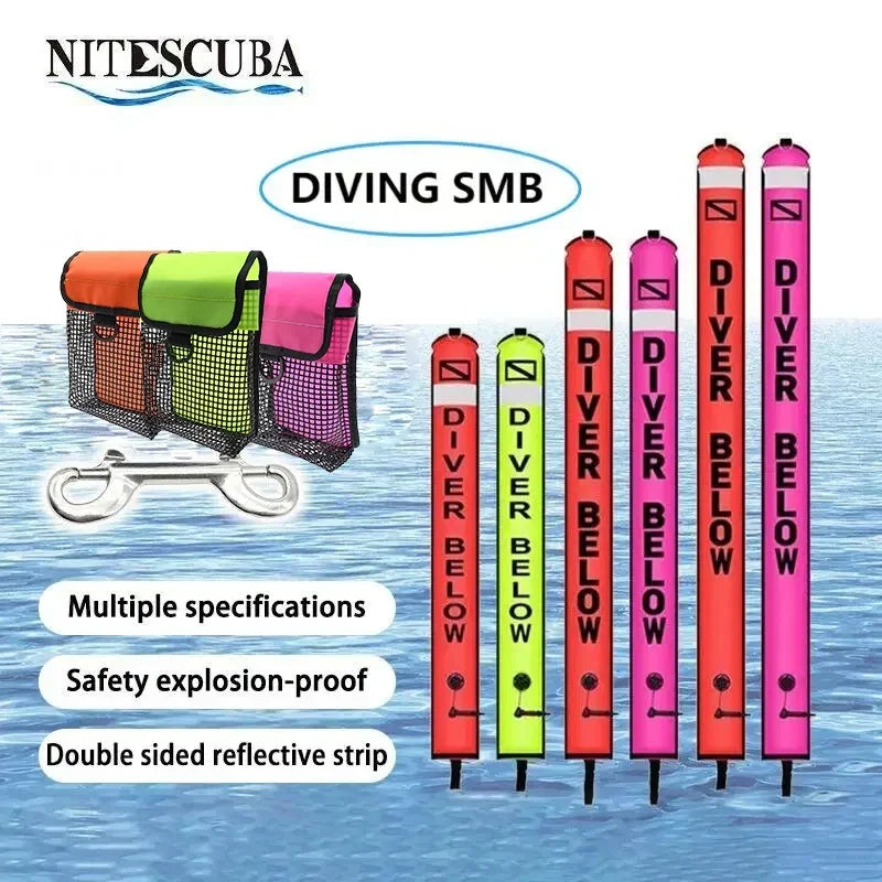 Colored inflatable scuba diving buoy with nylon and TPU material in red, pink, green, and camouflage colors with aluminum accessories and storage bag.