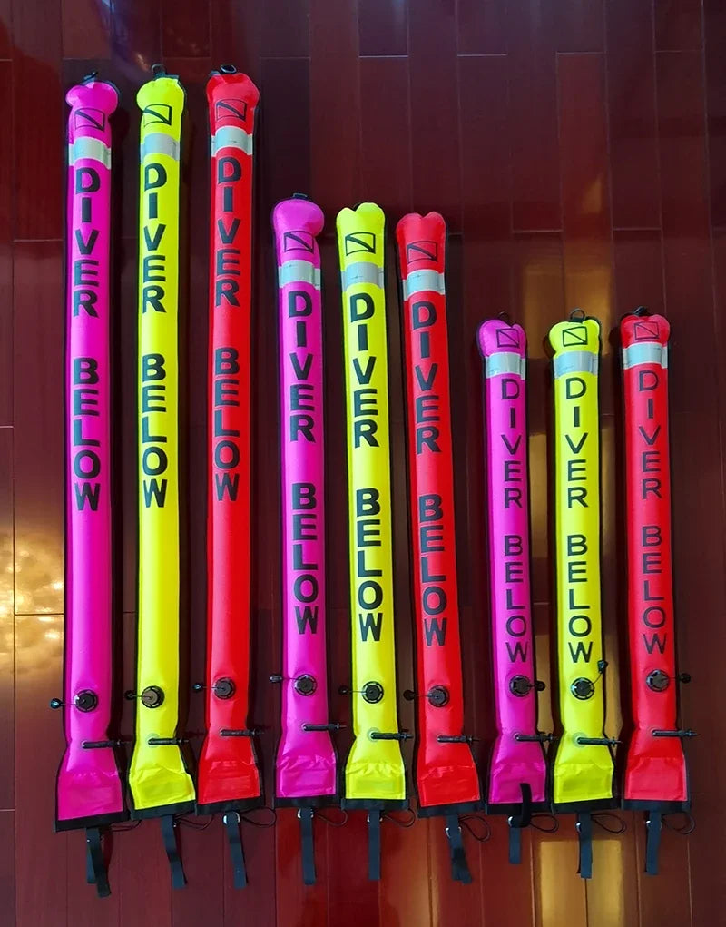 Colorful inflatable Diving SMB buoy in orange and fluorescent yellow for scuba safety and visibility in 1.2m, 1.5m, and 1.8m sizes