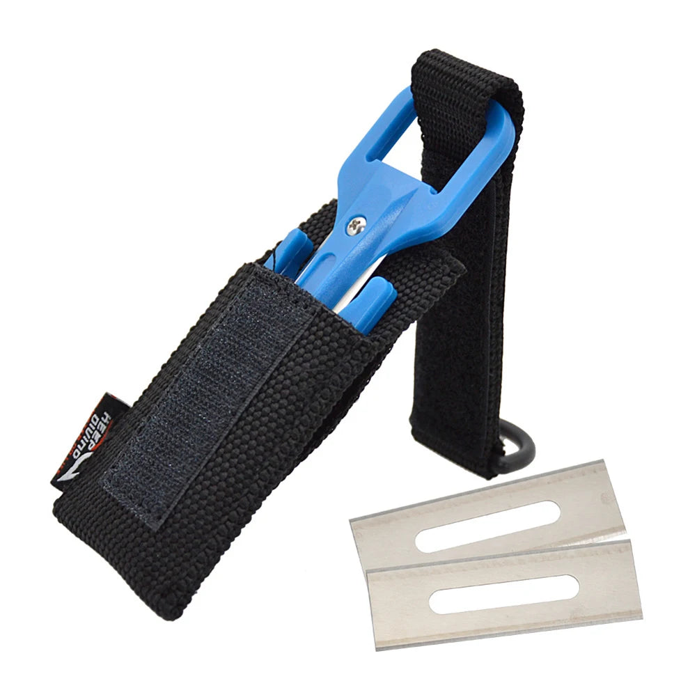 Scuba diving cutting knife with nylon handle and replaceable stainless steel blades for underwater line cutting and emergency use