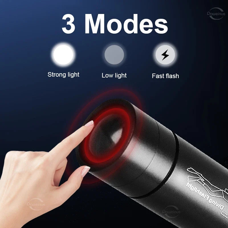 High Power Mini Diving Flashlight 100M Professional Scuba Dive Torch IPX8 Rechargeable Portable Lantern for Spearfishing Camping