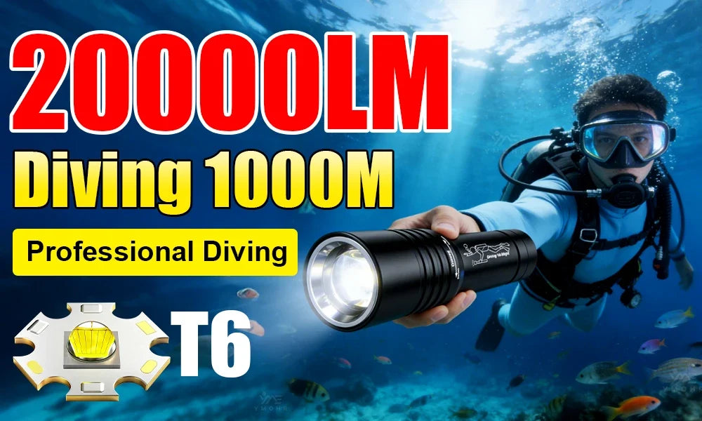 20000LM Scuba Diving Flashlight ZOOM Diving Light Underwater High Power Torch Light Waterproof for Video Shooting Fishing