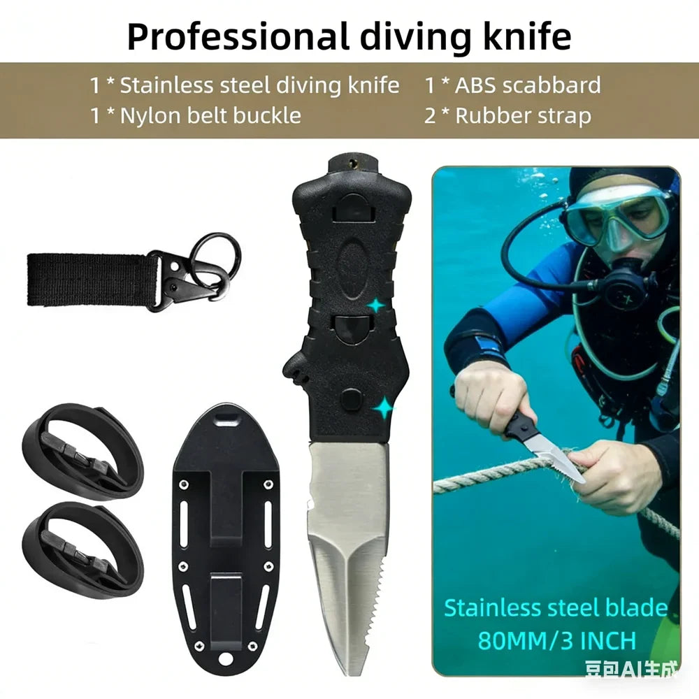 Professional stainless steel diving knife with plastic handle and rope cutter for spearfishing