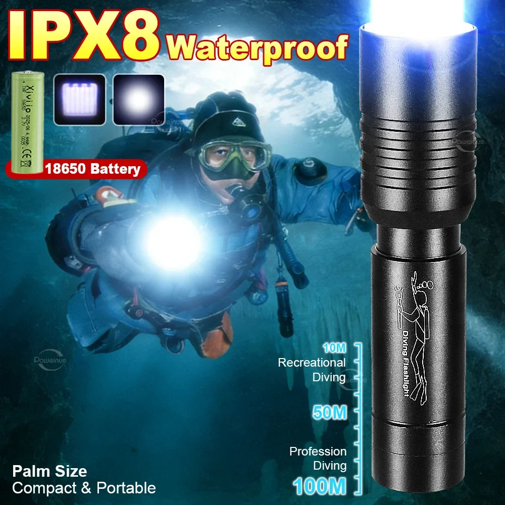 High Power Mini Diving Flashlight 100M Professional Scuba Dive Torch IPX8 Rechargeable Portable Lantern for Spearfishing Camping