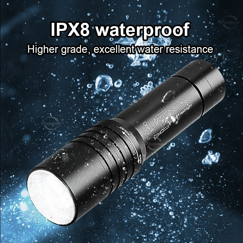 High Power Mini Diving Flashlight 100M Professional Scuba Dive Torch IPX8 Rechargeable Portable Lantern for Spearfishing Camping