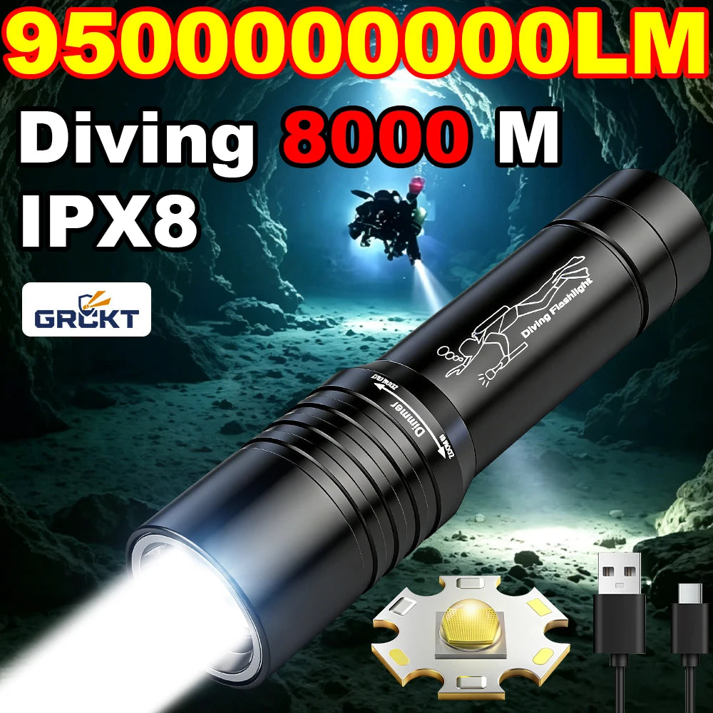 9500000000LM Powerful Diving Flashlight IPX8 Underwater Lamp Professional Scuba Diving Torch Type-c Rechargeable LED Dive Lights