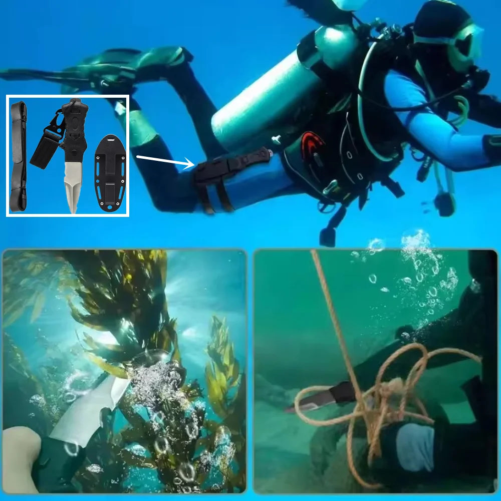 Professional Diving Knife for Spearfishing, Full Tang Stainless Steel Dive Tool with Rope Cutter